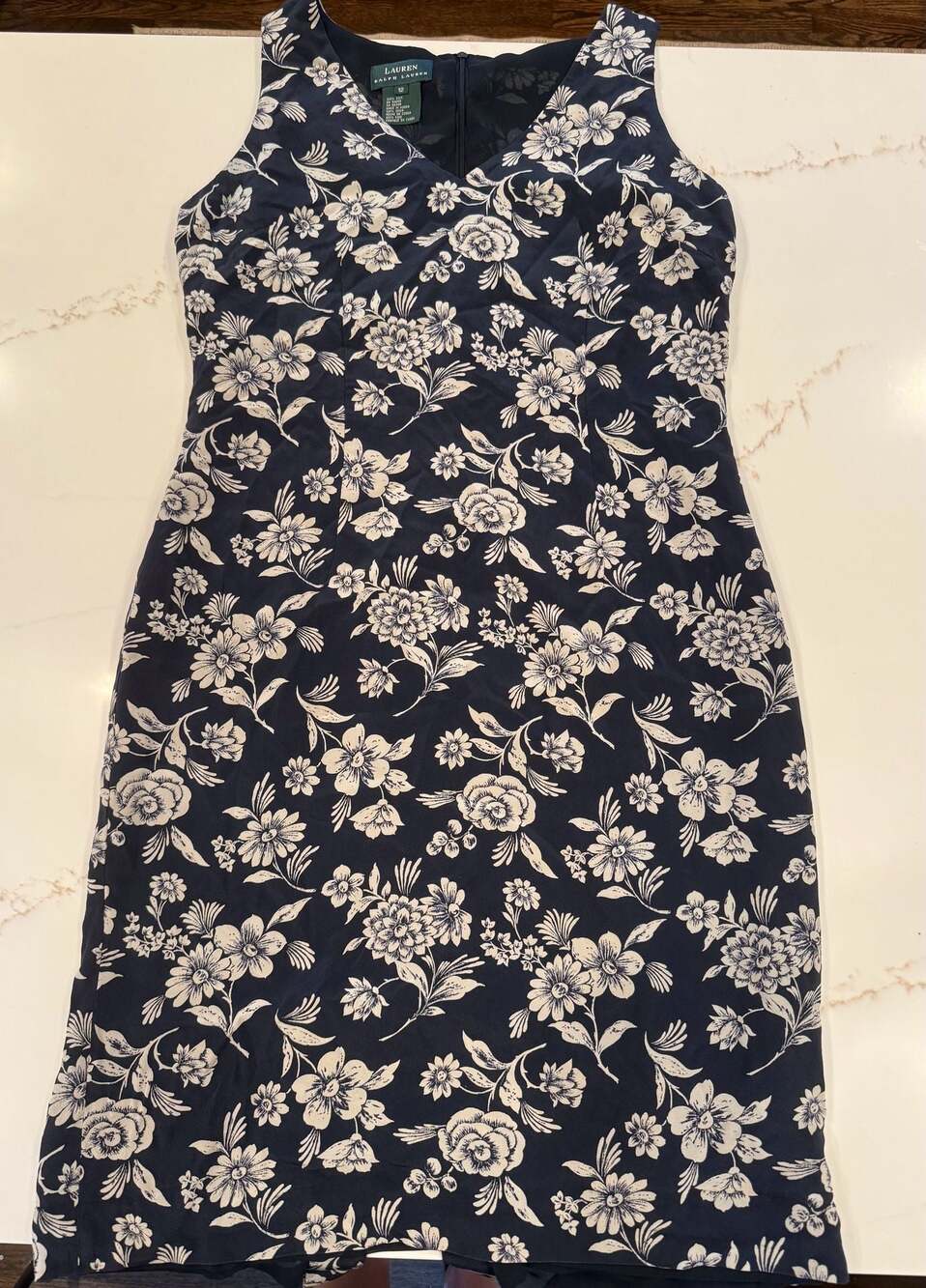 LAUREN Ralph Lauren Sleeveless Silk Floral Print Sheath Dress Navy Blue Size 12
